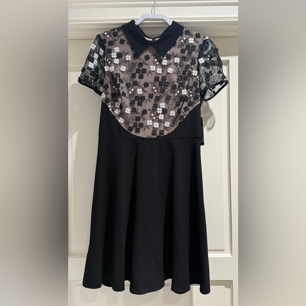 NWT Shani Lace Bodice Fit & Flare Dress w Bow Tie - Size 10 - Black and White